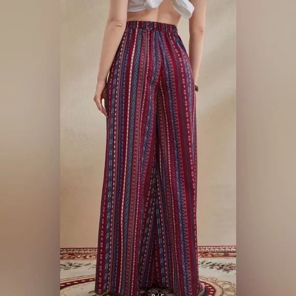 SHEIN Tall Boho Mixed Stripe Maroon Tassel Knot Waist Wide Leg Pant - Picture 2 of 9
